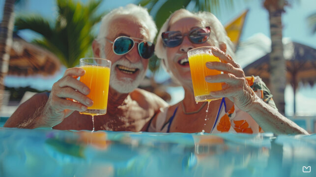 Elderly couple enjoying a sunny day by the pool with a toast of orange juice