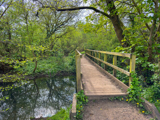Fototapeta premium Wooden bridge across a small rover in the countryside. No people.