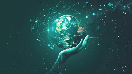 global technology network mans hand holding earth with communication cryptocurrency blockchain vector illustration