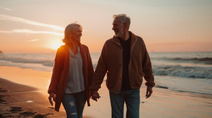 Happy elderly couple holding hands and walking on the beach at sunset, sharing a moment of love
