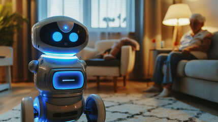 Elderly couple relaxes at home with their futuristic assistance robot