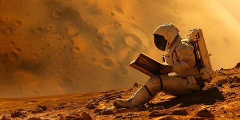 Cosmic explorer engrossed in a book on the red planets surface. Concept Sci-Fi, Space Exploration, Reading, Red Planet, Cosmic Adventure