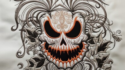 Embroidered skull on fabric background. Halloween concept.