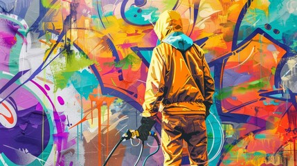 Fototapeta premium graffiti removal specialist cleaning colorful street art from urban wall ai generated illustration