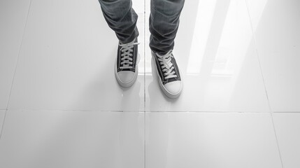 A man's bare feet are walking across a white floor