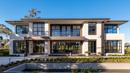 Fototapeta premium A picture square suburb house with a striking fa? section ade of cocoa and white materials, featuring large windows