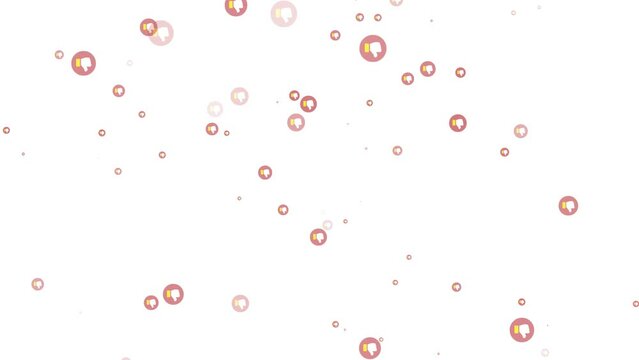 Red thumbs down icons swirling on a white background. Dislike and hate concepts in social networking, reflecting influencer popularity and reputation. 4K motion graphics video.