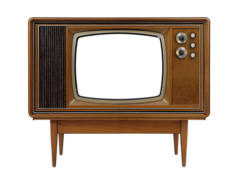 Vintage 1960's era wooden console television set isolated on a transparent background. NTSC, vhf, uhf, antenna reception.