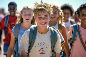 Fototapeta premium Nostalgic school days: a vibrant glimpse into the 1990s with schoolchildren and teenagers, capturing the essence of youth culture, education, friendships, and iconic fashion