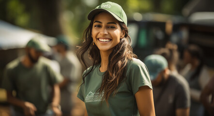 smiling young Indian woman wearing a green and white t-shirt and cap is helping out at a community event.