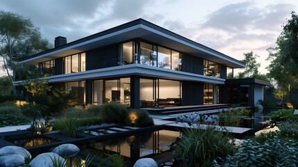 Fototapeta premium A sleek suburban house with a striking black and white facade, featuring large, reflective windows and a flat roof, surrounded by a lush,