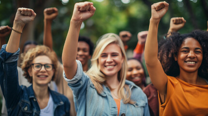 Multi ethnic people raising their fists up in the air,