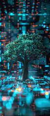Obraz premium Tree growing from a technology circuit board representing the fusion of nature and technology. Futuristic, vibrant colors and digital elements.