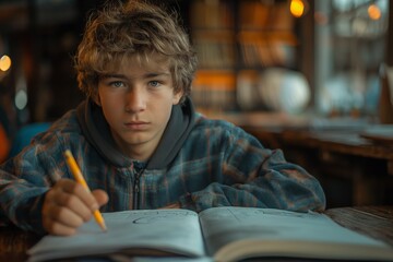 A boy with a serious look sits thoughtfully with an open book against the background of bookshelves