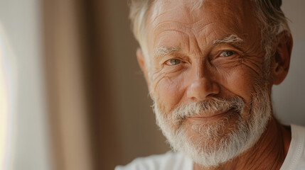 Portrait of a cheerful elderly man smiling gently, with soft light from a window
