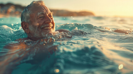 Joyful elderly man swimming in the sea, splashing water during a beautiful sunset