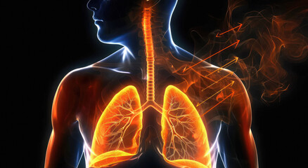 glowing human body with the lungs highlighted in orange on a black background
