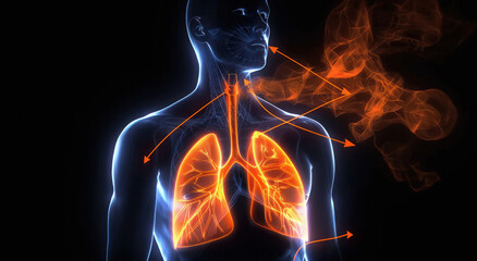 glowing human body with the lungs highlighted in orange on a black background