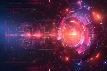 Background with technological digital data interface elements - schematics, chains, and numbers. The color palette with cool shades of blue, purple, green and gray, modern and technological look