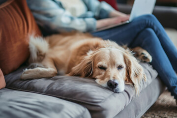 Obraz premium Next to a person using a laptop, a dog lies comfortably on the couch, creating a warm and relaxed atmosphere. Generative AI.