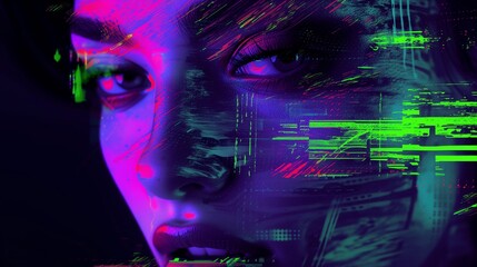 Beauty portrait with vibrant digital glitch art effects.