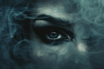 Close-up of a mysterious eye surrounded by swirling smoke, creating an eerie and enigmatic atmosphere with dark, moody tones.