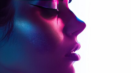 A profile view of a woman with neon lights highlighting her face, creating a futuristic and artistic effect.