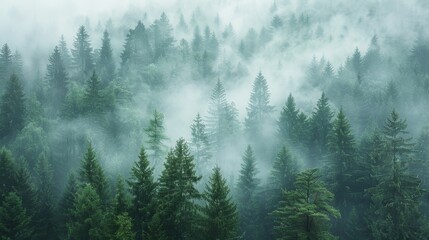 Serene Foggy Forest with Towering Pine Trees Background
