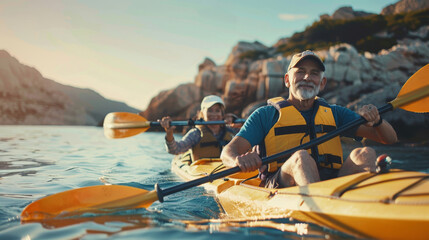 Elderly couple happily kayaking at sunset on a peaceful lake