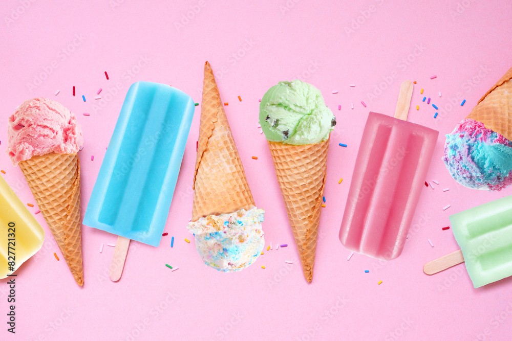 Poster assortment of colorful pastel summer ice cream cones and popsicle frozen desserts. top down view fla