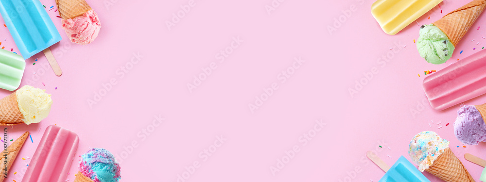 Poster selection of colorful pastel summer ice cream cones and popsicle frozen desserts. above view double 
