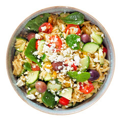 Mediterranean salad with orzo, olives, vegetables and feta cheese. Above view bowl isolated on a...