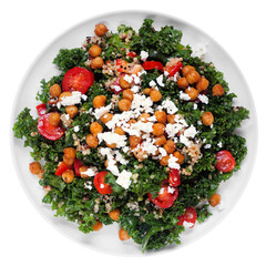 Mediterranean salad with chickpeas, quinoa, kale and feta cheese. Top view plate isolated on a...