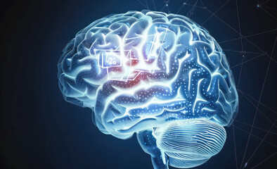 human brain, The background is dark blue to contrast against light grey tones for depth.