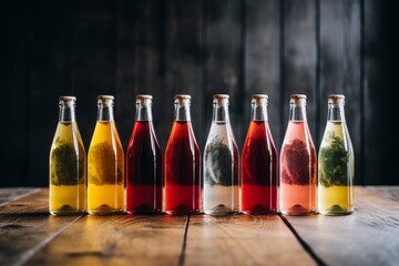 Elegant Display Of Multi-Colored Infused Liquids In Bottles Against Dark Background. Generative AI