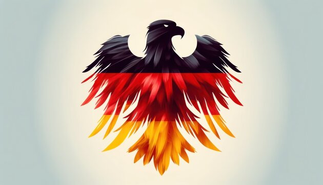 A double exposure silhouette of an Eagle filled with the German flag