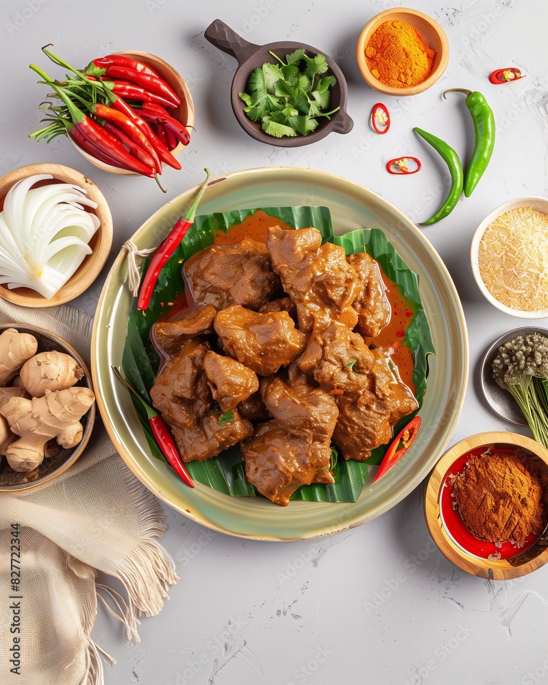 Wall mural Rendang Pork. Rendang is a spicy meat from West Sumatra Minangkabau in Indonesia. It was slowly simmered with various spices and coconut milk.