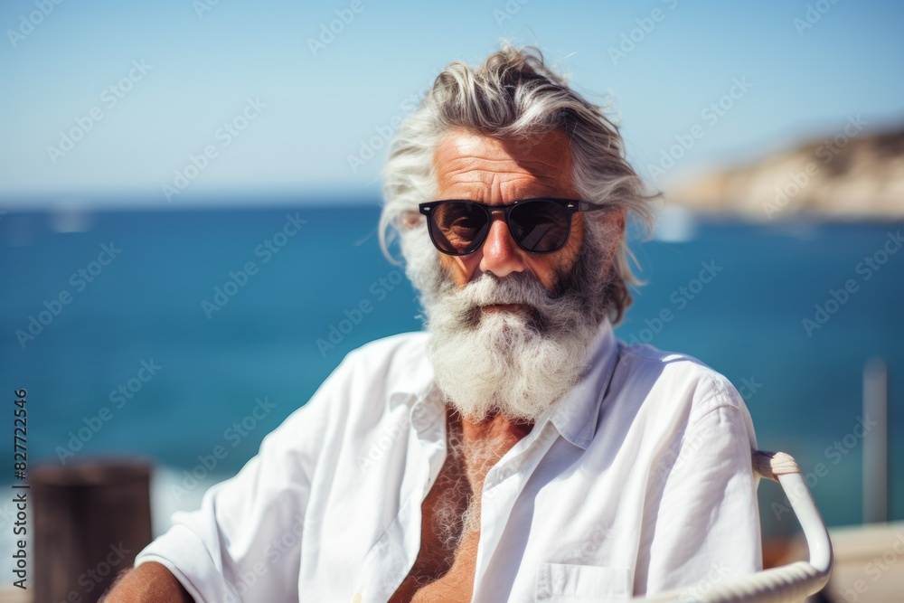 Wall mural An elderly man enjoys a peaceful day sitting in a chair on the seashore. Generative AI.