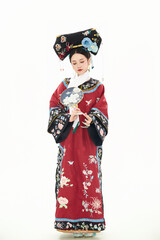 A woman wearing ancient Chinese clothing against a white background.