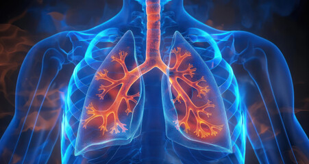 glowing human body with the lungs highlighted in orange on a black background.