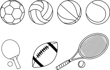 Sports Equipment Collection. Basketball, Baseball, Football, Rugby, Tennis. Sport and Recreation for Healthy Life Style Concept. Simple Black Style Vector Illustration Set