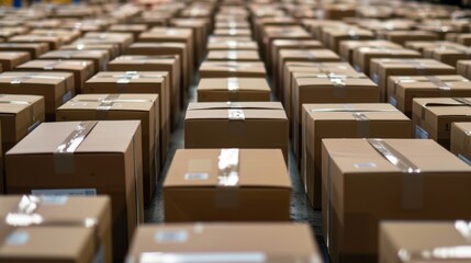 Obraz premium A warehouse filled with rows of ecofriendly shipping boxes ready to be filled with products and shipped out.