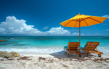 Fototapeta premium Two Chairs and an Umbrella on a Beach