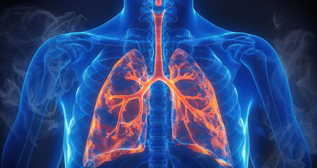 glowing human body with the lungs highlighted in orange on a black background.