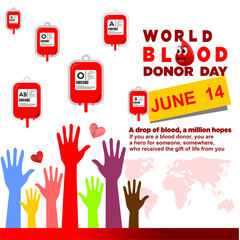 Obraz premium blood donation illustration concept with blood bag, hand, love and blood symbol for celebrate world blood donor day 