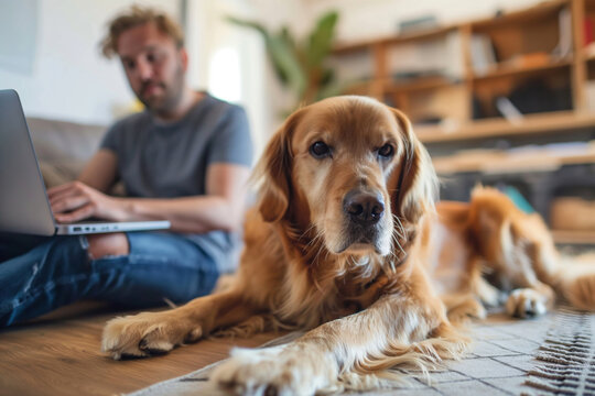A man sits on the floor using a laptop with a dog next to him, creating a relaxed and companionable work environment. Generative AI.