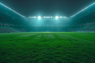 Majestic large football stadium with lights illuminated. empty pitch.