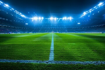Majestic large football stadium with lights illuminated. empty pitch.