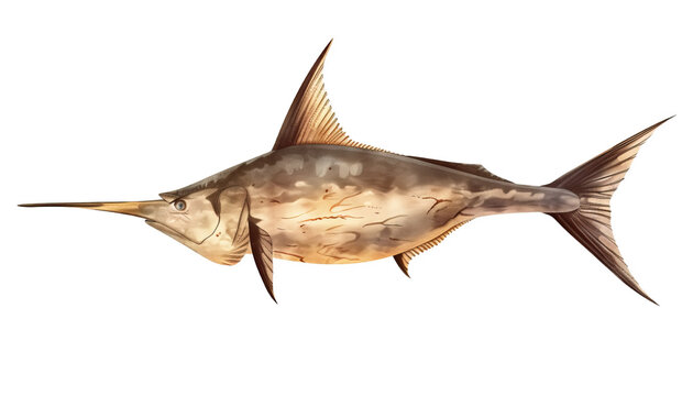 recommend clip art: Detailed illustration of a swordfish in profile view, showcasing its distinctive features and natural colors against a white background.
