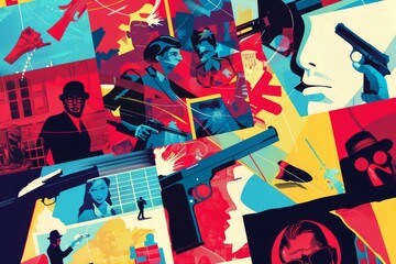 Pop art style detectives in action, symbolizing crime solving and mystery